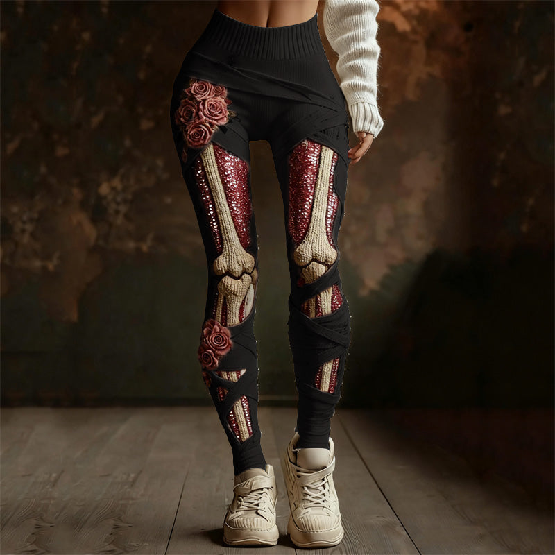 Comstylish Classy Roses Skeleton Anatomy Sequins Bandages Cozy Knit Leggings