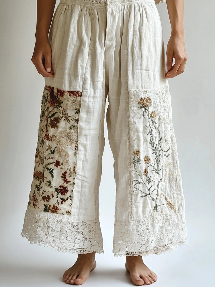 Lace Floral Embroidery Patchwork Women's Linen Pants artswardrobe