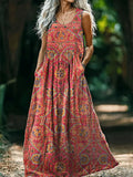 Women's Vintage Ethnic Floral Art Print V-Neck Button Pocket Cotton Dr