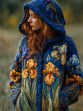 Comstylish Vintage Irises Felt Embroidered Cozy Knit Hooded Cardigan