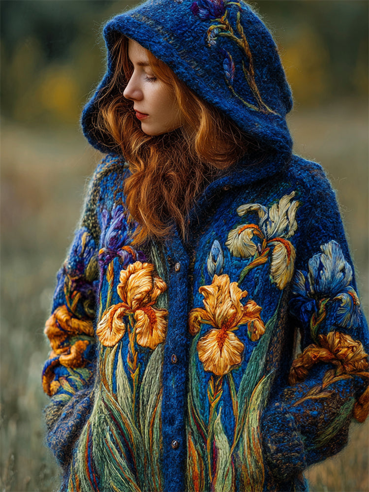 Comstylish Vintage Irises Felt Embroidered Cozy Knit Hooded Cardigan