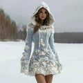 Women White Floral Art Knitted Elegant Hooded Mini Skirt