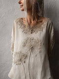 Comstylish Vintage Dandelion Embroidered Lace Hem Linen Tunic