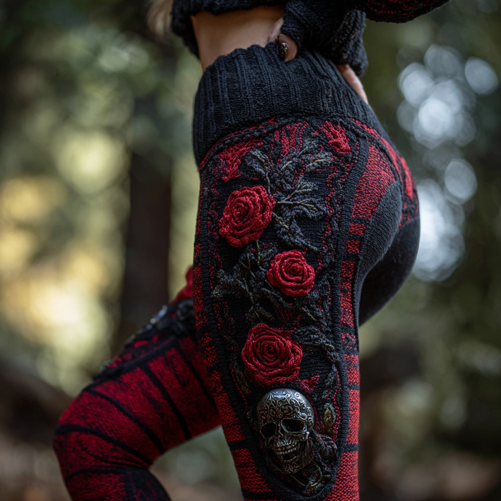 Women's Vintage Sugar Skull And Rose Pattern Comfortable Leggings elevenforest