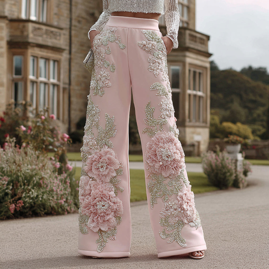 Comstylish Women's Vintage Floral Embroidery Art Sweatpants