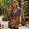 Comstylish Women's Retro Purple Rose Gradient Casual V-neck T-shirt