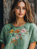 Boho Ethnic Floral Embroidery Women's Linen T-shirt artswardrobe