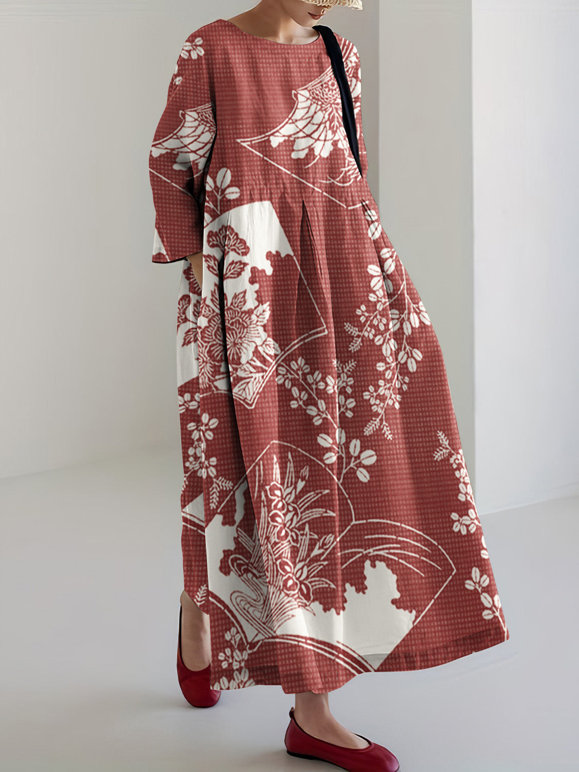 Comstylish Japanese Art Floral Print Linen Blend Loose Midi Dress