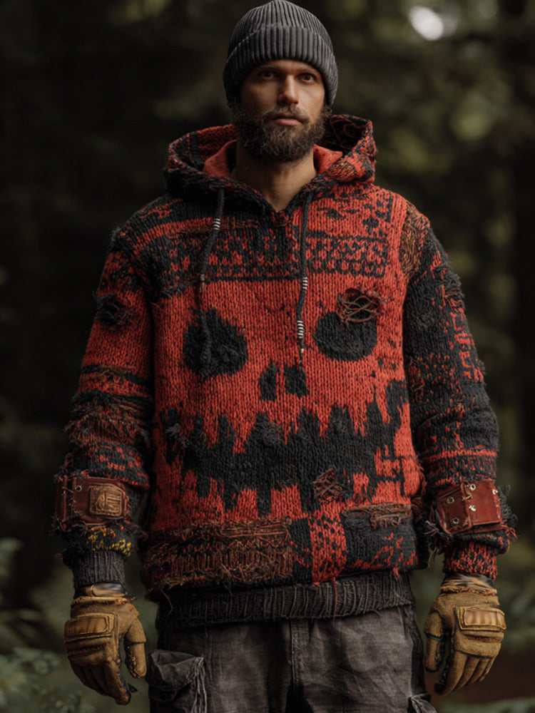 Men's Vintage Viking Halloween Ghost Face Embroidered Hoodie elevenforest