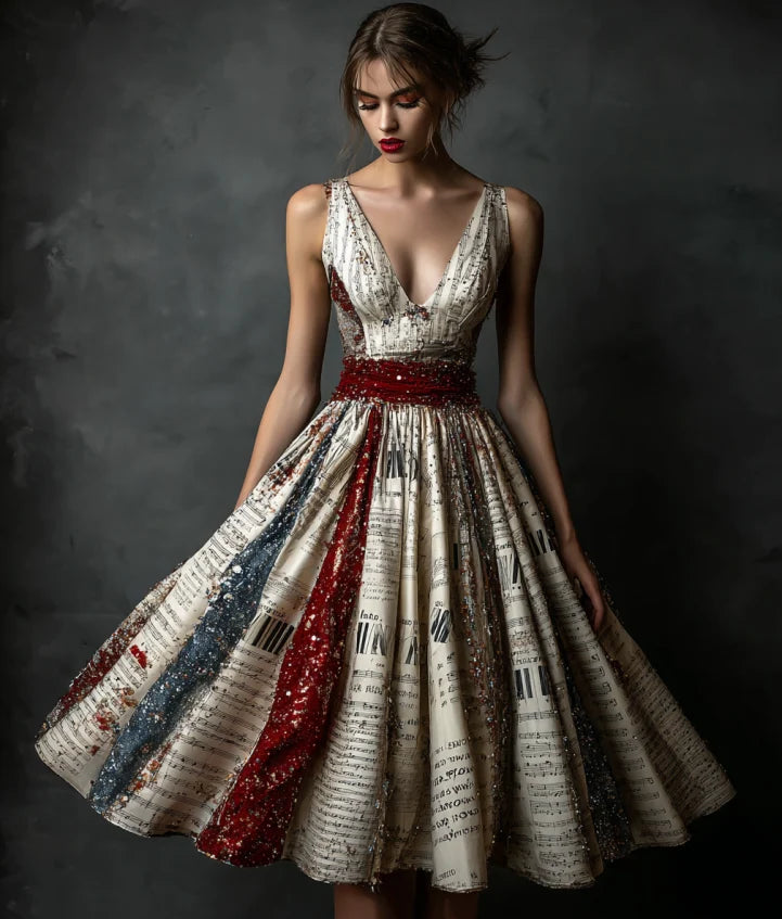 Vintage Sequin Music Notes And Flag Art Midi Dress artswardrobe