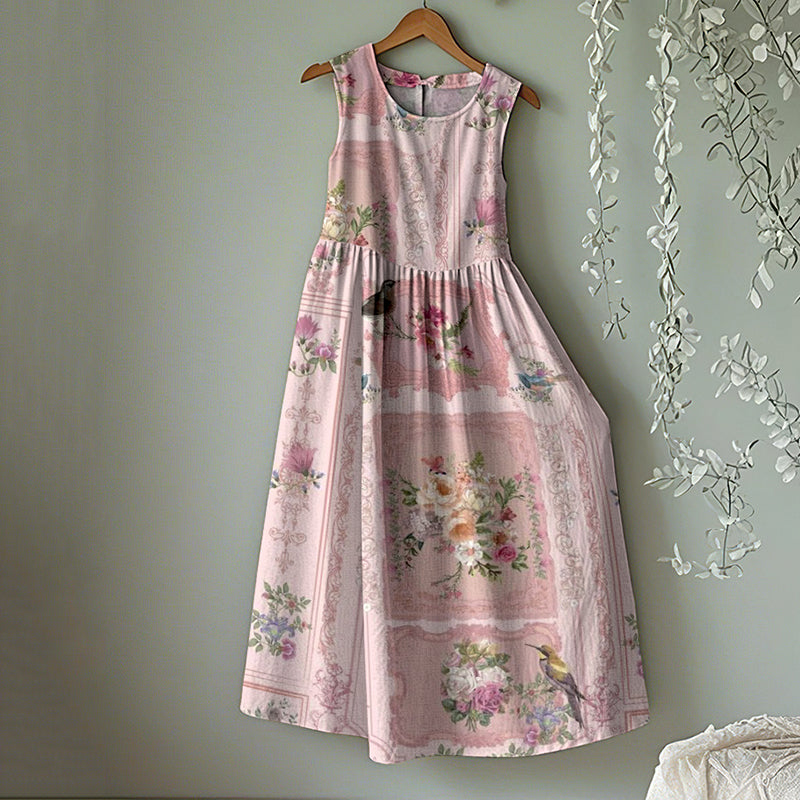 Vintage Floral Round Neck Tank Midi Dress artswardrobe