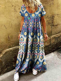 Women's Ethnic Tribal Art Floral Print Round Neck Short Sleeve Dress