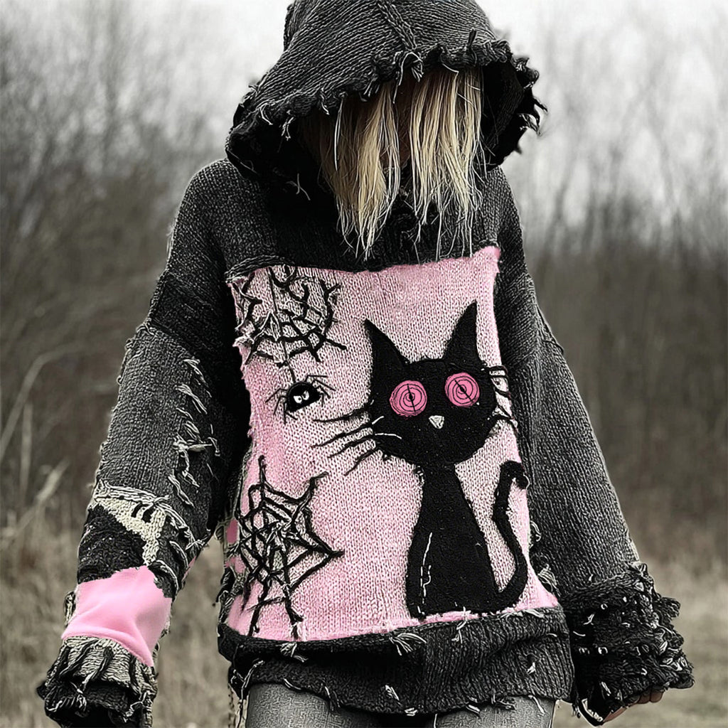 Halloween Scared Black Cat Patchwork Stitched Cozy Knit Hooded elevenforest