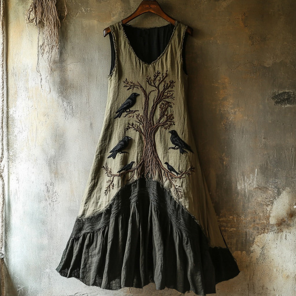 Vintage Viking Raven Life Of Tree Graphics Linen Tank Dress artswardrobe