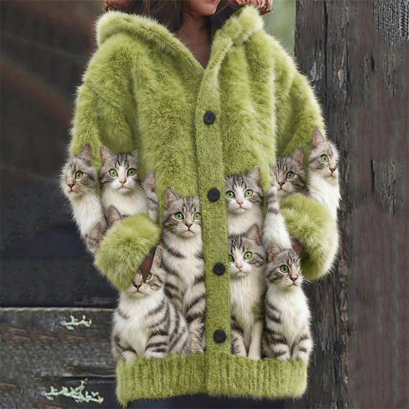 Comstylish Lovely Fuzzy American Shorthair Cats Cozy Knit Hooded Cardigan