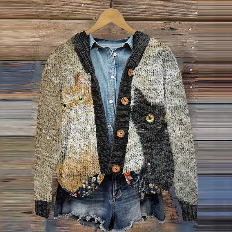 Vintage Contrast Cat Print Women's Sweater elevenforest