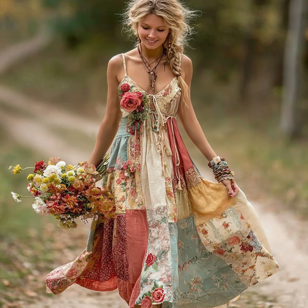 Women's Vintage Boho Floral Art Patchwork Comfy Midi Dress artswardrobe