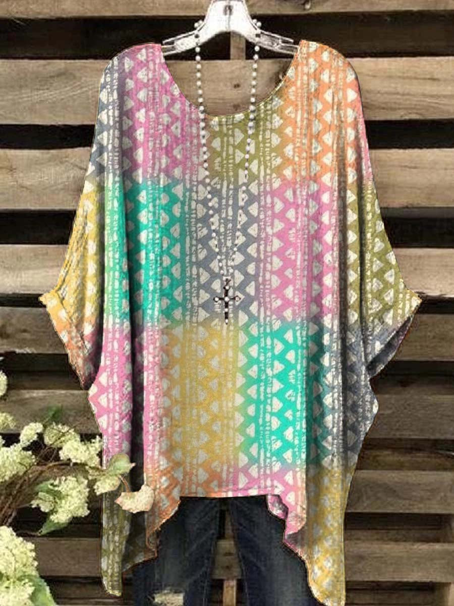 Women's Vintage Colorful Abstract Textured Print Casual Top