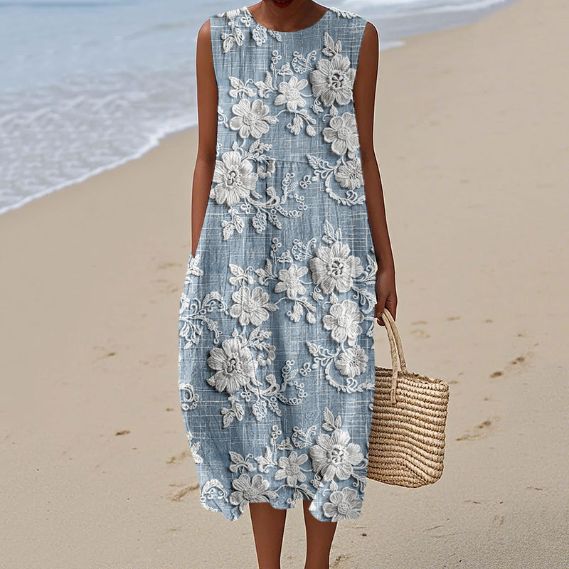 Vintage Lilies Art Pattern Comfy Linen Tank Dress artswardrobe