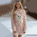 Women's Cute White Cat And Pink Rose Pattern Cozy Knit Turtleneck Sweater Mini Dress elevenforest