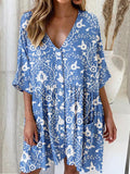 Women's Elegant Floral Cotton and Linen Shirt Style Loose Dress