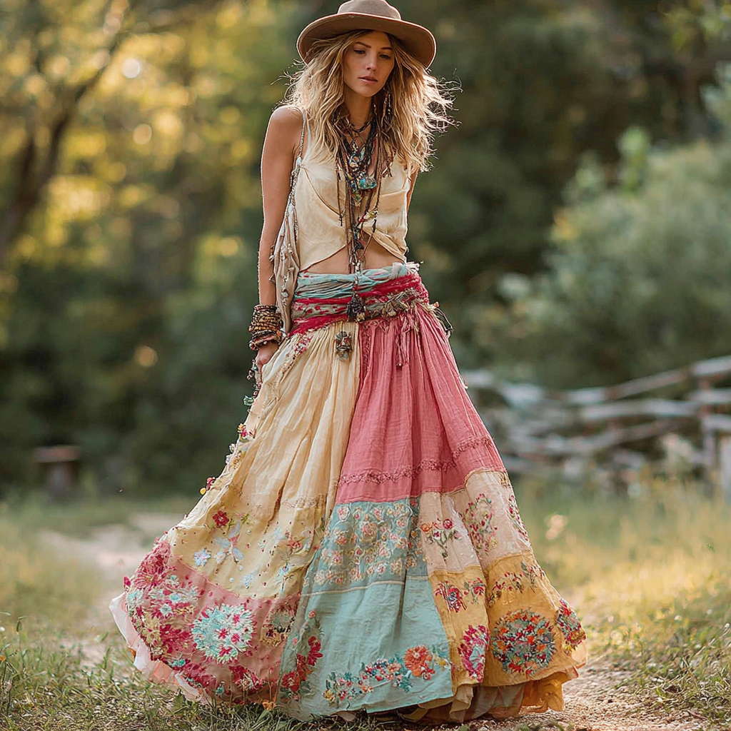 Women's Retro Floral Stitching Casual Skirt artswardrobe