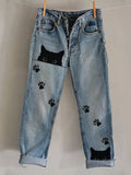 Comstylish Peeking Black Cats Paw Prints Washed Jeans