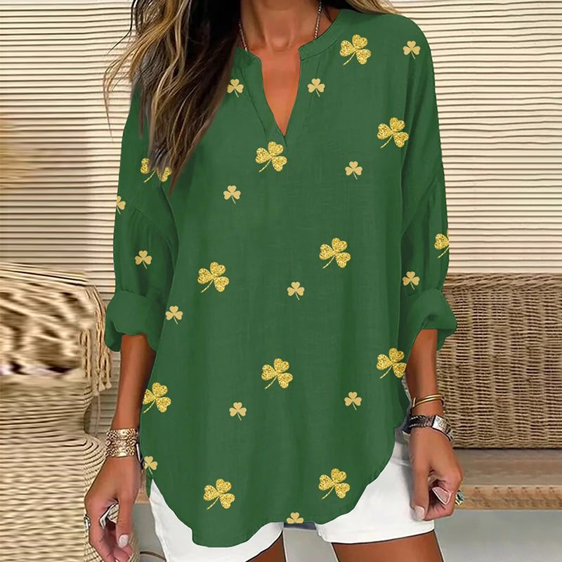 Comstylish Women's St. Patrick's Shamrock Print V-neck Linen Blend Blouse