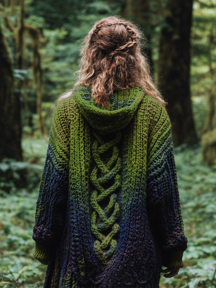 Women's Celtic Knot Retro Rainbow Chunky Knit Hooded Cardigan elevenforest