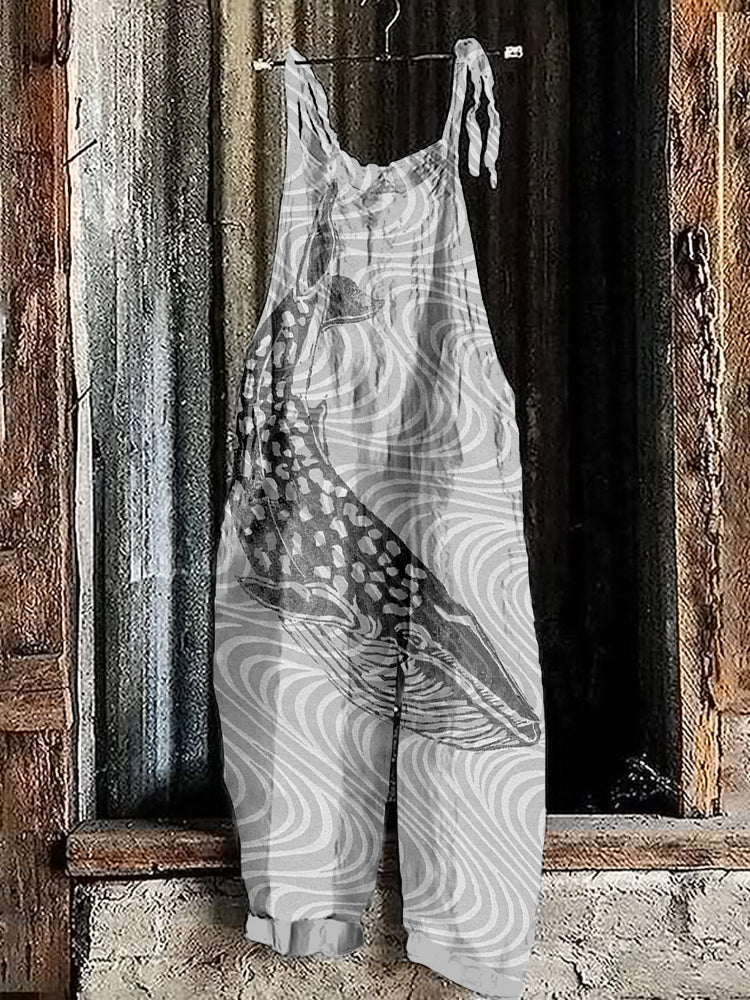 Comstylish Ocean Whale Lino Art Linen Blend Loose Fit Jumpsuit