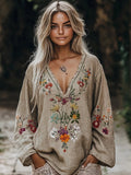 Retro Bohemian Floral Embroidered Linen Blend Loose Shirt artswardrobe