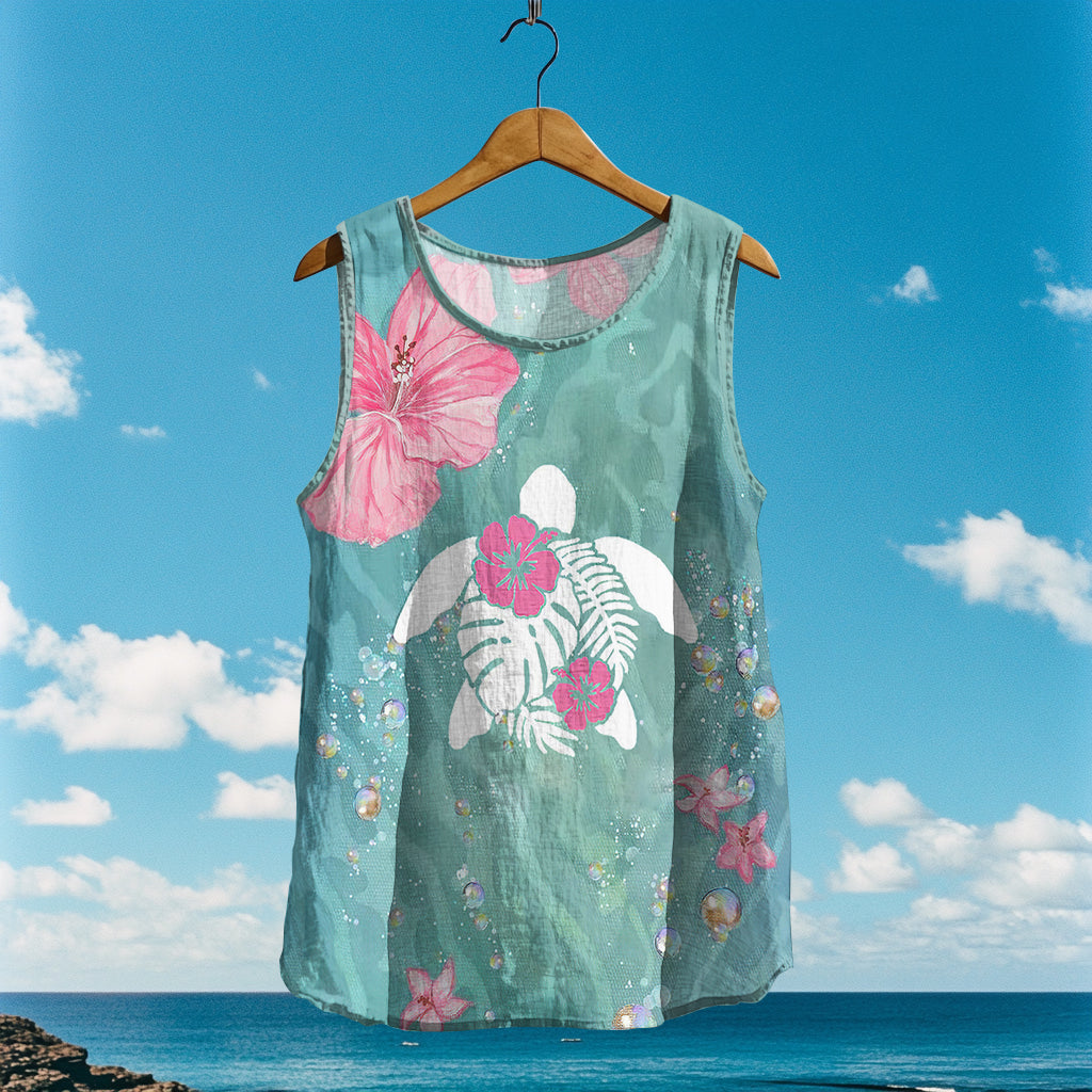 Women's Loose Sea ​​turtle In Floral Linen Sleeveless Tank Top artswardrobe