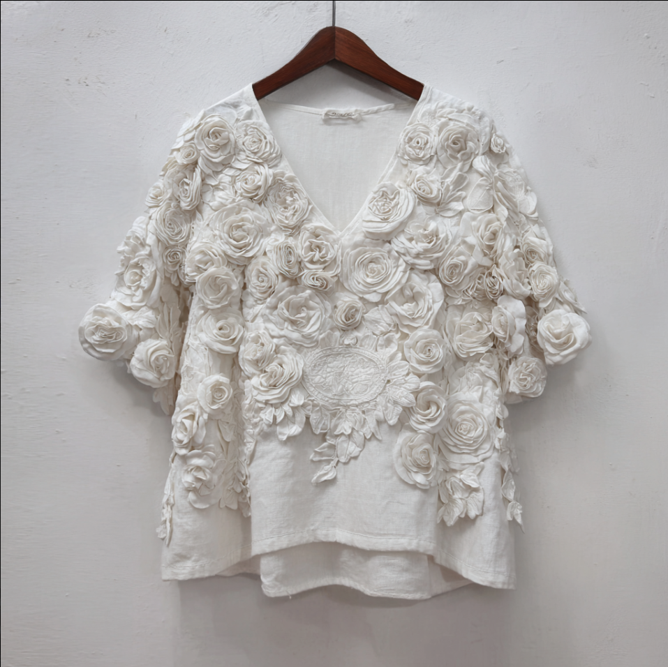 Bohemian Style Woman's V-neck White Rose Short-sleeved Shirt artswardrobe
