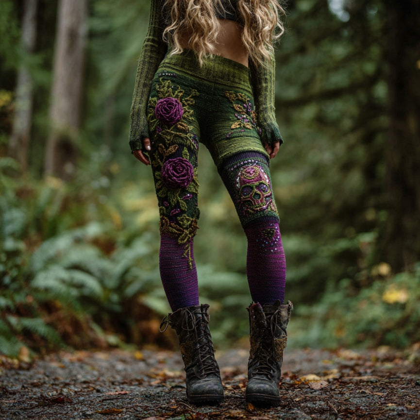 Women's Vintage Skull And Rose Patchwork Comfortable Leggings elevenforest