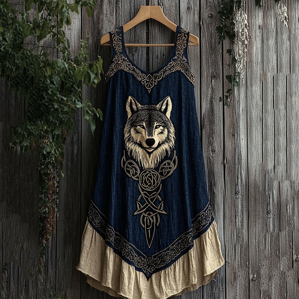 Viking Wolf Pattern Patchwork V-neck Tank Midi Dress artswardrobe