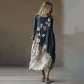 Classy Gradient Japanese Sakura Cherry Blossoms Embroidered Pattern Linen Round Neck Long Dress artswardrobe