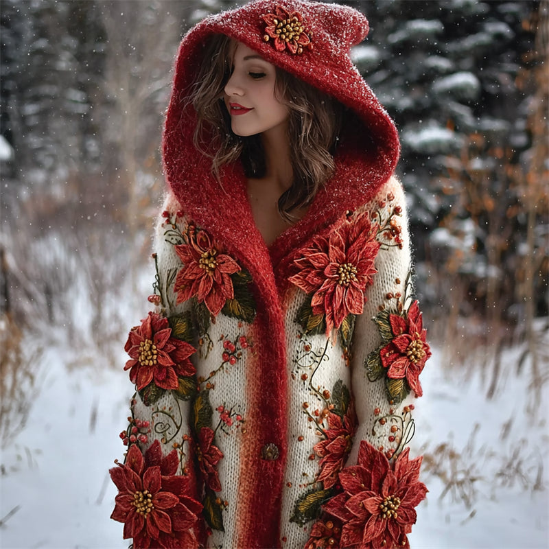 Comstylish Elegant Christmas Poinsettia Glitter Beaded Cozy Hooded Cardigan