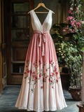 Floral Embroidered Pink Gradient Linen Maxi Dress artswardrobe