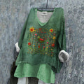 Comstylish Women's Flower And Bird Embroidery Art Linen V-neck Shirt