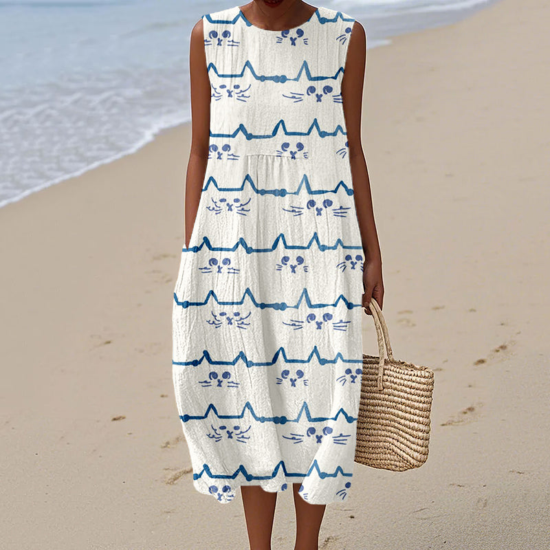 Cute Cats Pattern Linen Midi Tank Dress elevenforest