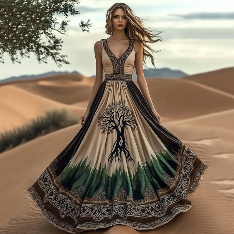 Women's Gradient Viking Linen V Neck Maxi Dress artswardrobe