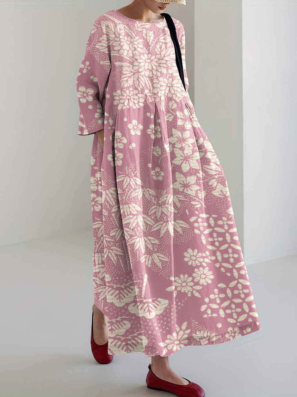 Comstylish Vintage Japanese Art Flower Print Casual Midi Dress