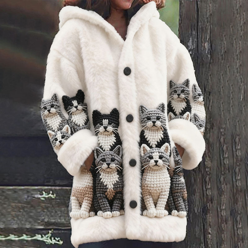 Women's Cat Pattern Cozy Knit Hooded Sweater Cardigan elevenforest