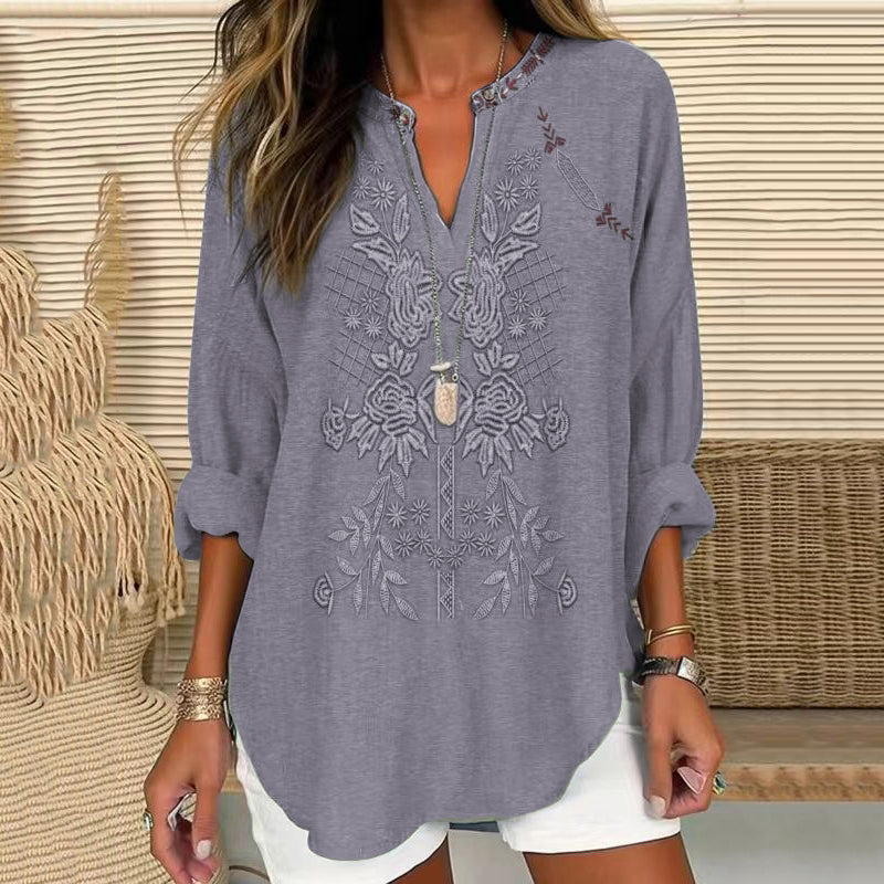 Vintage Embroidered Floral V-neck Linen Blend Blouse artswardrobe