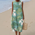 Women's Vintage Lily Pad Art Pattern Cotton And Linen Tank Dress artswardrobe