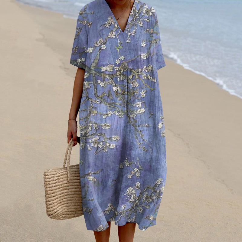 Comstylish Women Floral Art Printed Casual Midi Dress