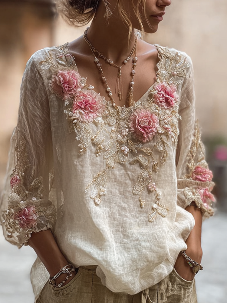 Comstylish Bohemian Style Round Neck Short Sleeve Three-dimensional Flower Design Women's Thin Top