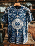 Blue Retro National Flowers pattern Vintage Art Print Casual T-shirt F