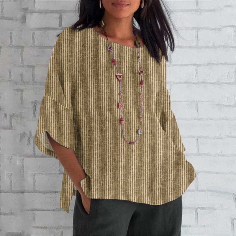 Comstylish Vintage Stripes Round Neck Casual Blouse