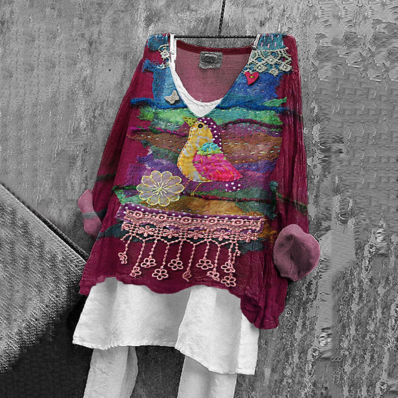 Women's Floral And Bird Art Print Cotton And Linen V-neck Shirt artswardrobe